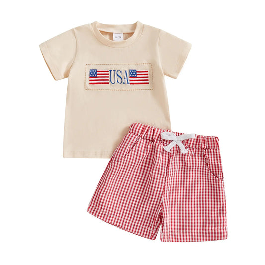 Day Short Sleeve Embroidery Breathable Plaid Children's Suit