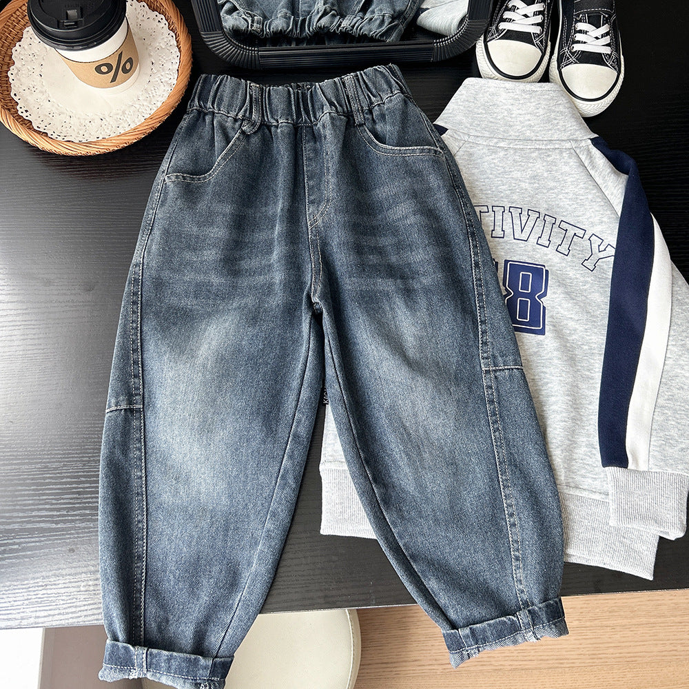 Children's Clothing Boys Trendy Stitching Wool Tassel Denim Children's Pants