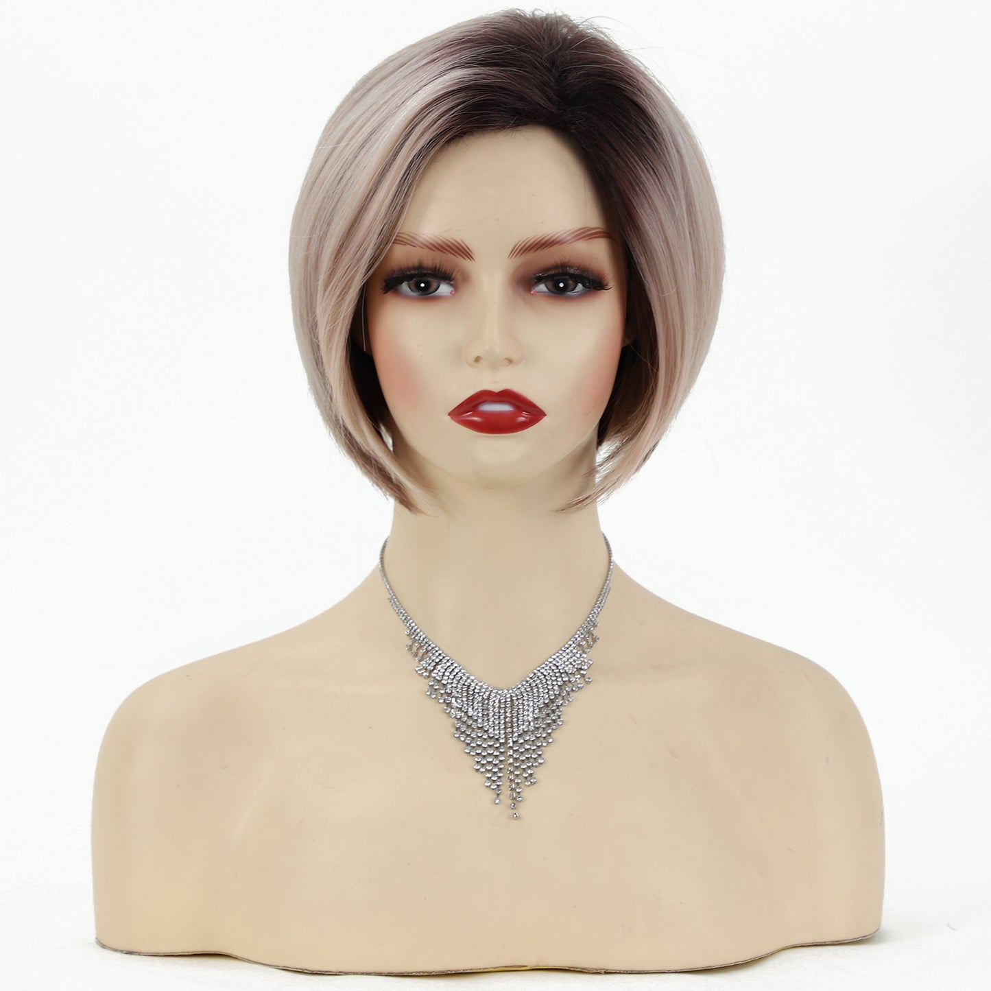 Female Gradient White Gold Color Split Wig Short Straight Hair