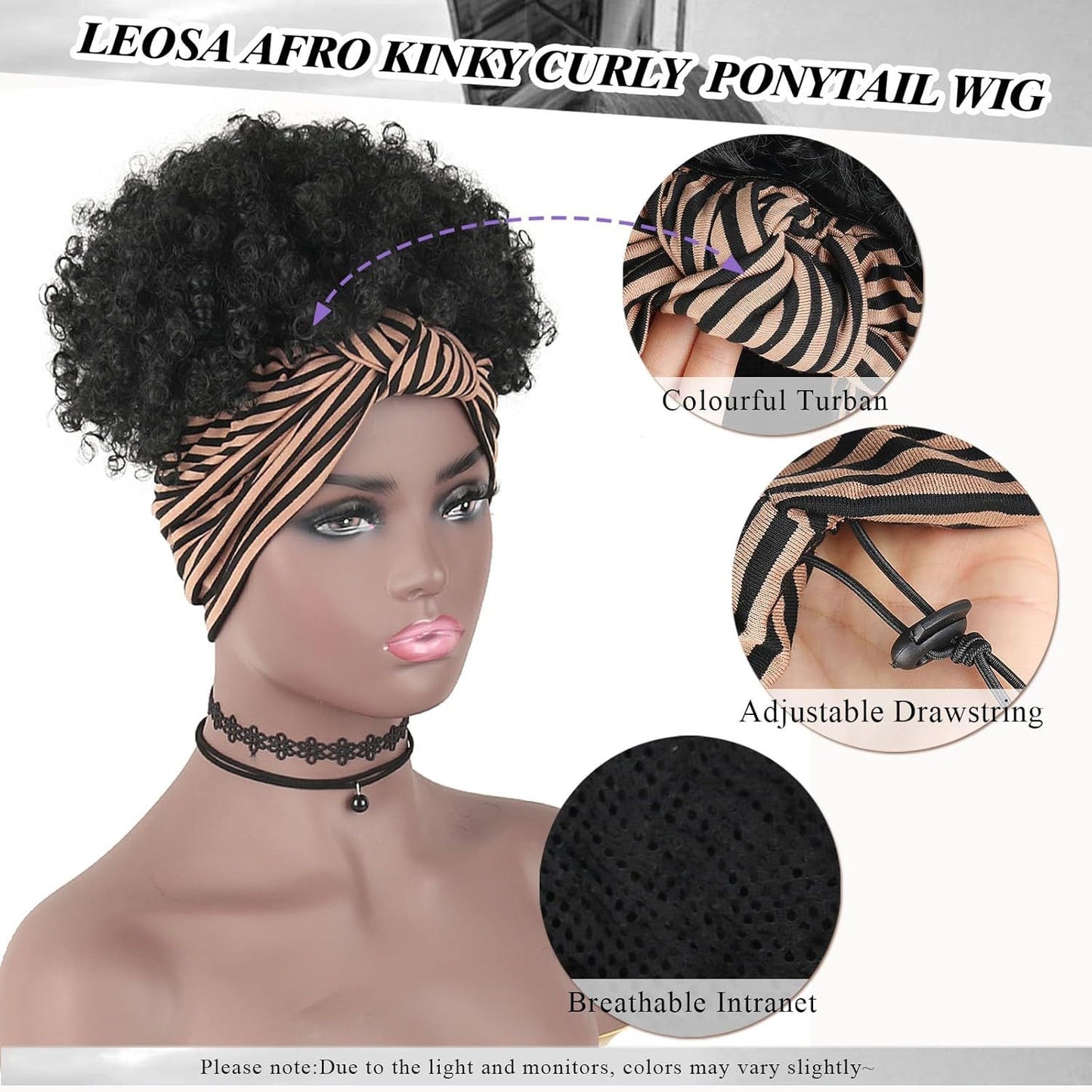 Women's African Fashion Black Small Turban Head Cover Hand Wrap Wigs Wig Short Curly Hair