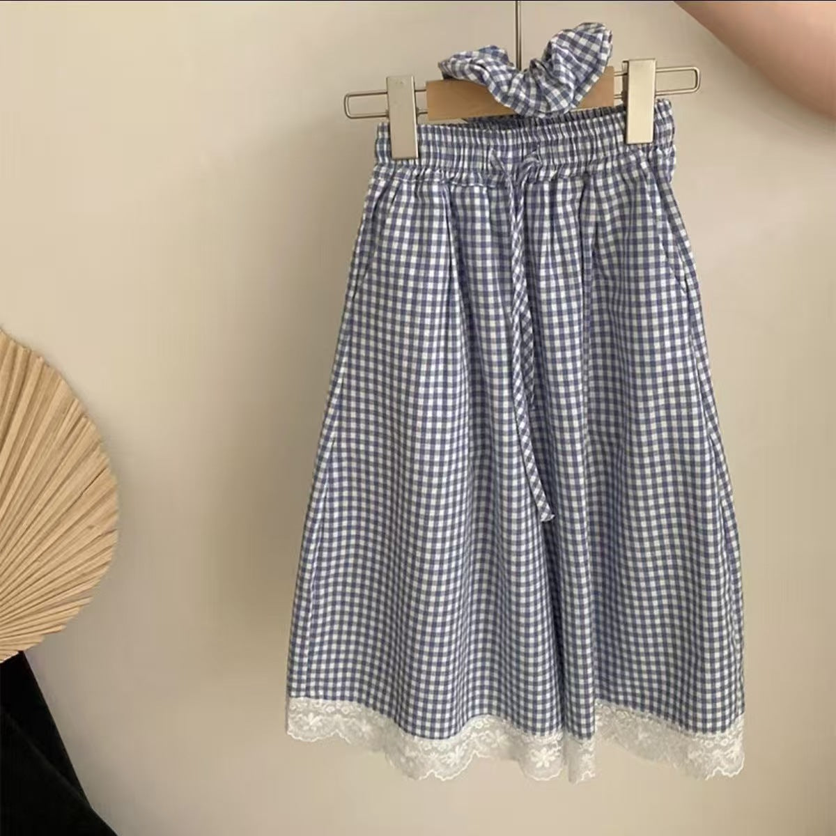 Children's Summer Middle Big Korean Short-sleeved Lace Plaid Stitching Pants Two-piece Children's Suit