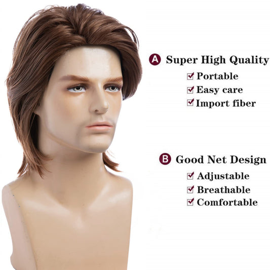 Men's Brown Fashion Medium Long Hair Synthetic Men's Wig