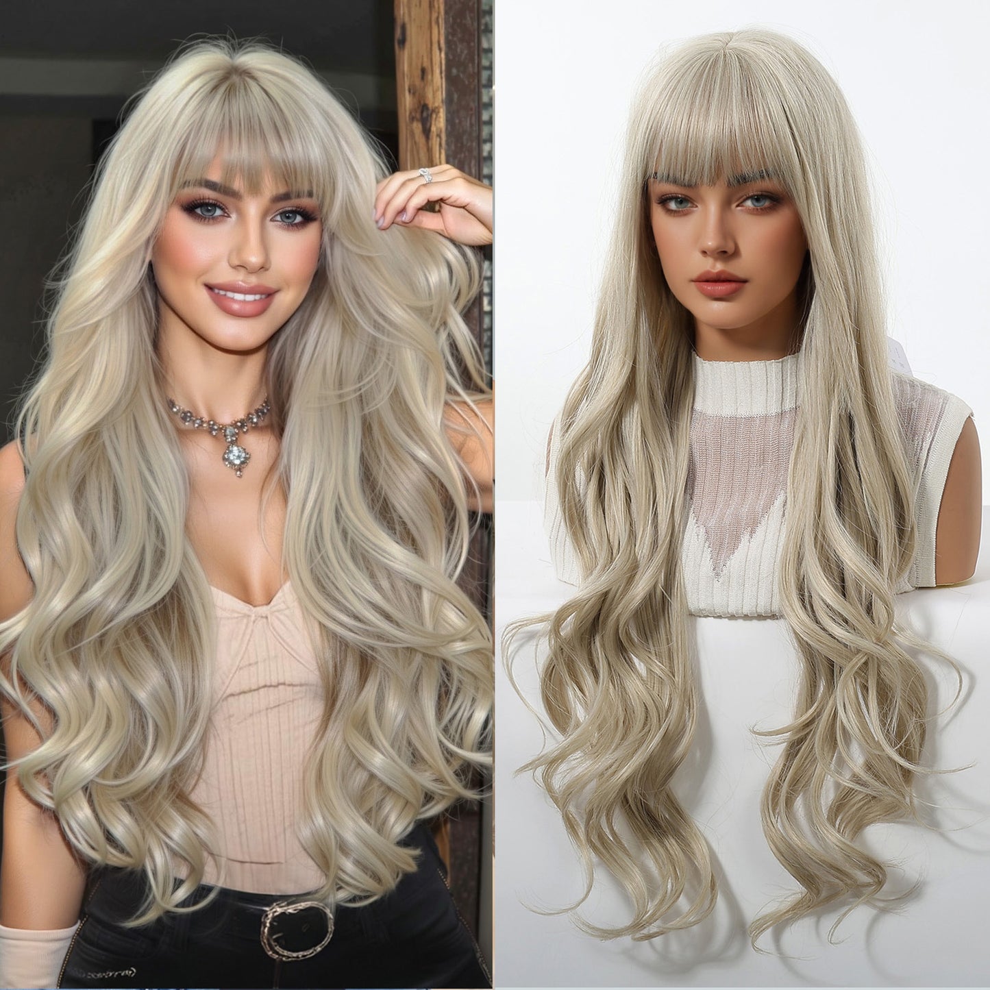 Female Big Wave Roman Curly Bangs Hair White Gold Color Wig Long Curls