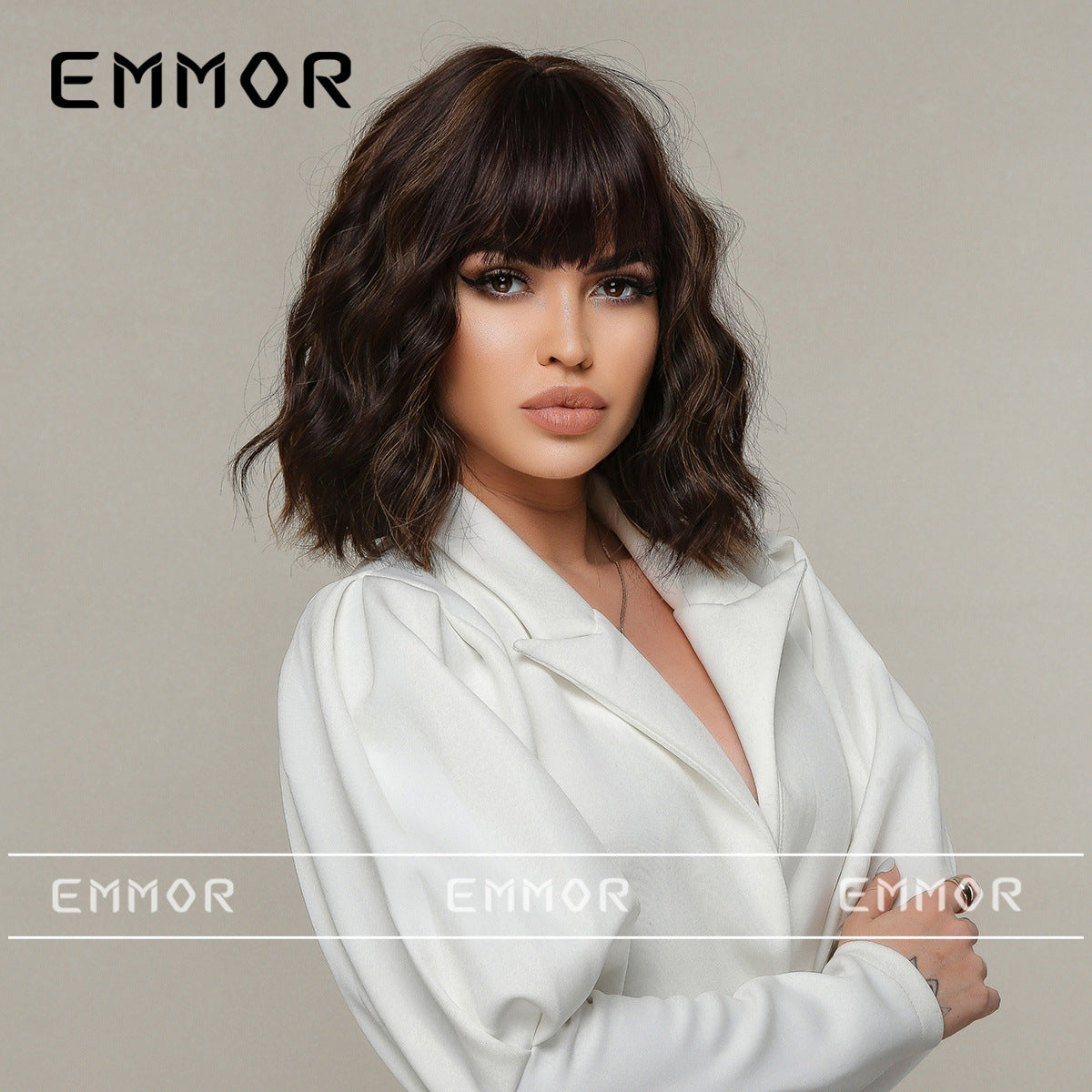 Female Straight Bangs Black Brown Shoulder Wig Short Curly Hair