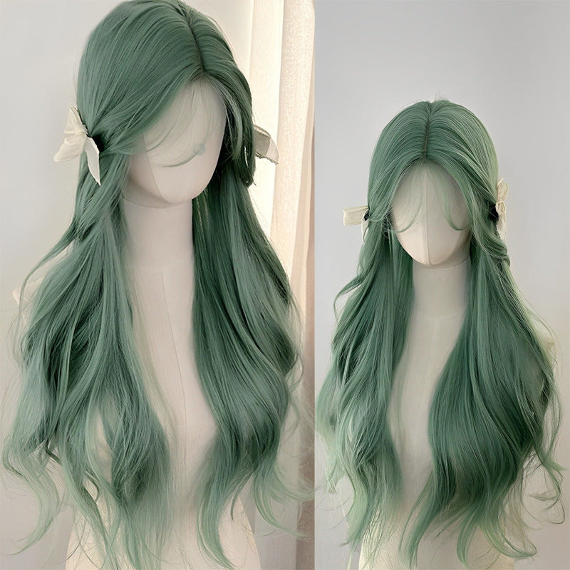 Cover Female Mint Green Chemical Fiber Wavy Curly Hair Natural Wig Long Curls