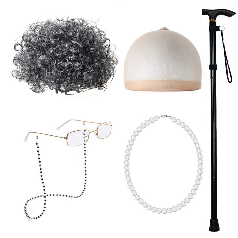 Old Grandma Grandpa Halloween Lady Set Cos Wig