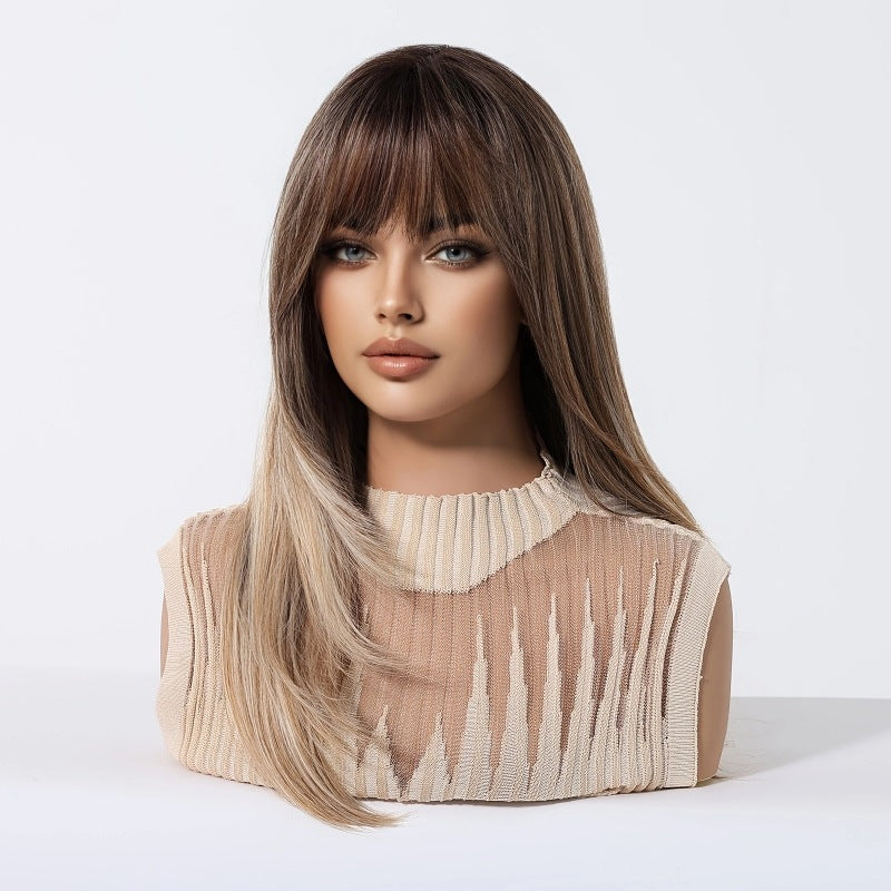 Brown Gradient Bangs Top Dyed Layered Wig Long Curls