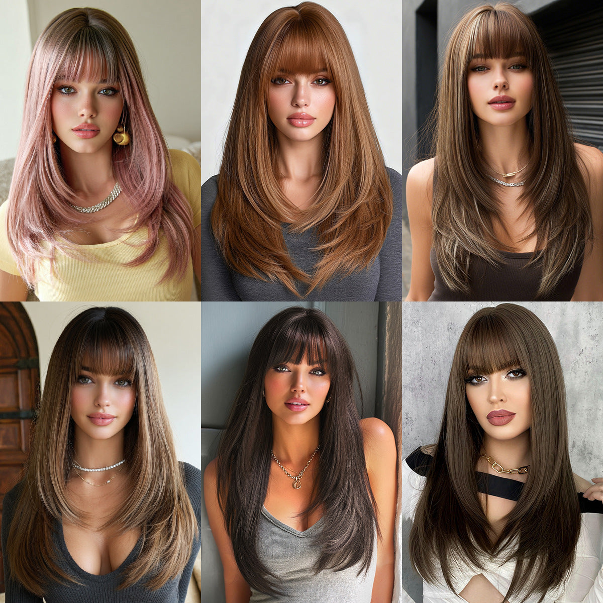 High Level Female Air Bangs Hair Brown Daily Fluffy Quality Long Straight Wig