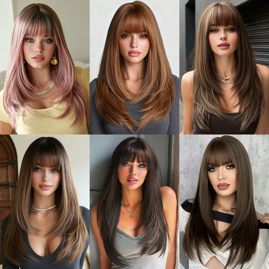 High Level Female Air Bangs Hair Brown Daily Fluffy Quality Long Straight Wig