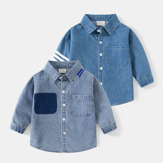 Children's Trendy Denim Long-sleeved Lapel Small Pocket Casual Autumn Children's Shirt