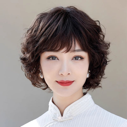Mother Romantic Pear Flower Hot Fluffy Breathable Full Top Real Hair Wig