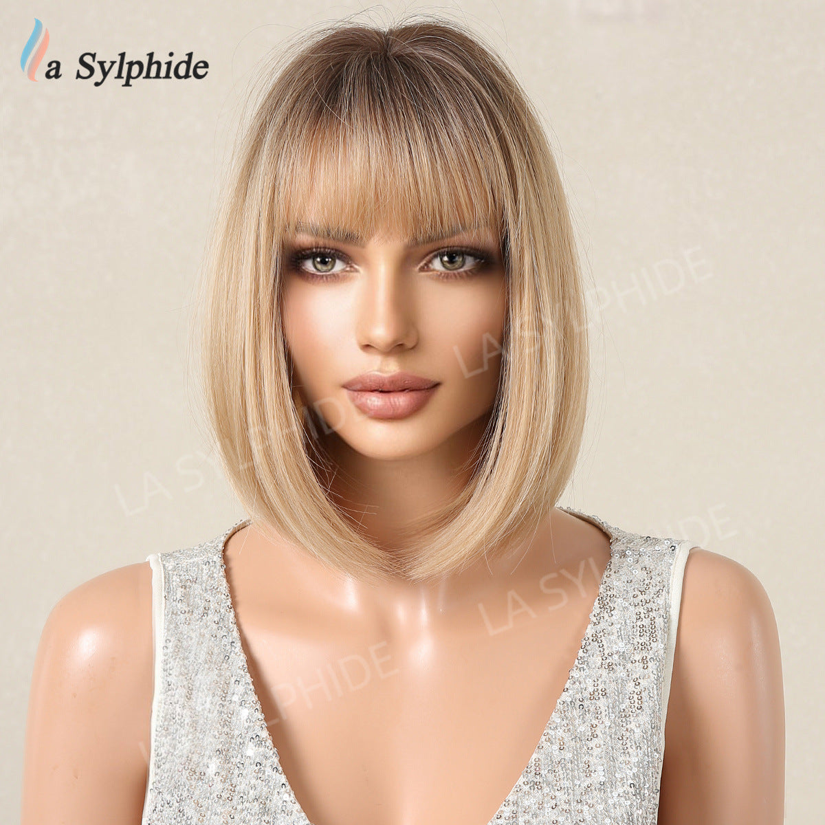 Brown Gradient Bangs Mid-length Mechanism Rose Wig Short Straight Hair