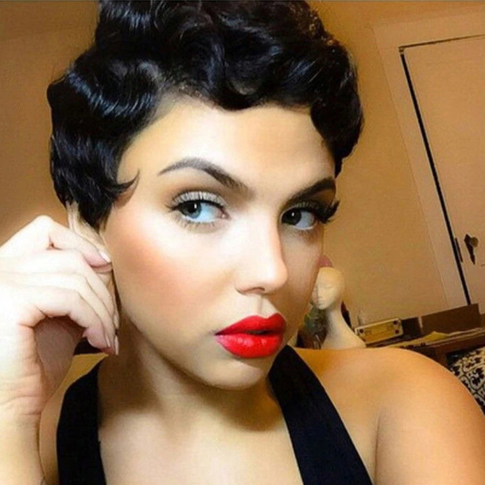 Female Short Curly Water Ripple Human Head Real Hair Wig