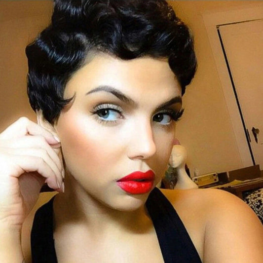 Female Short Curly Water Ripple Human Head Real Hair Wig