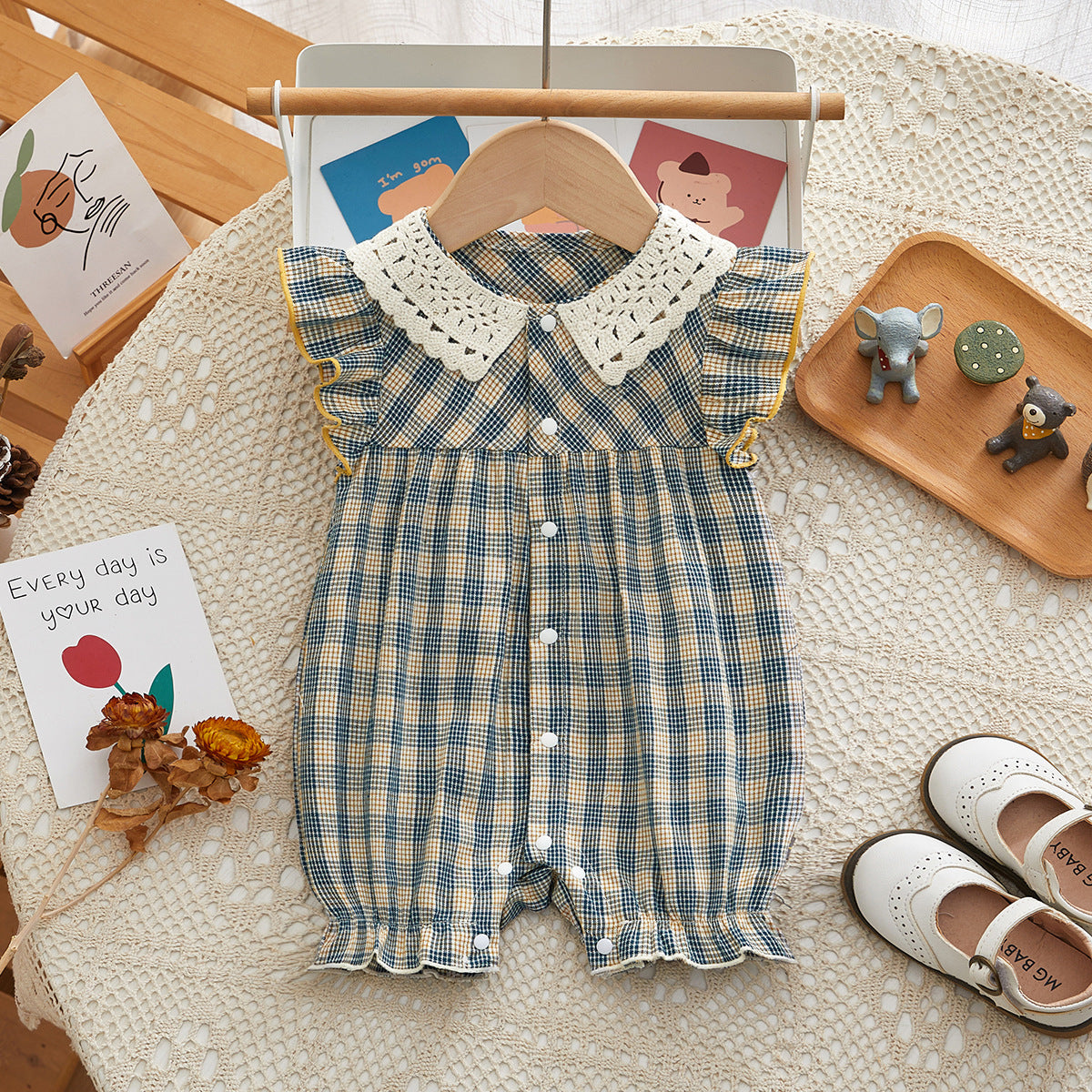 Clothes Jumpsuit Lace Plaid Front Open For Babies Short Sleeve Jumpsuit, Climbing Suit