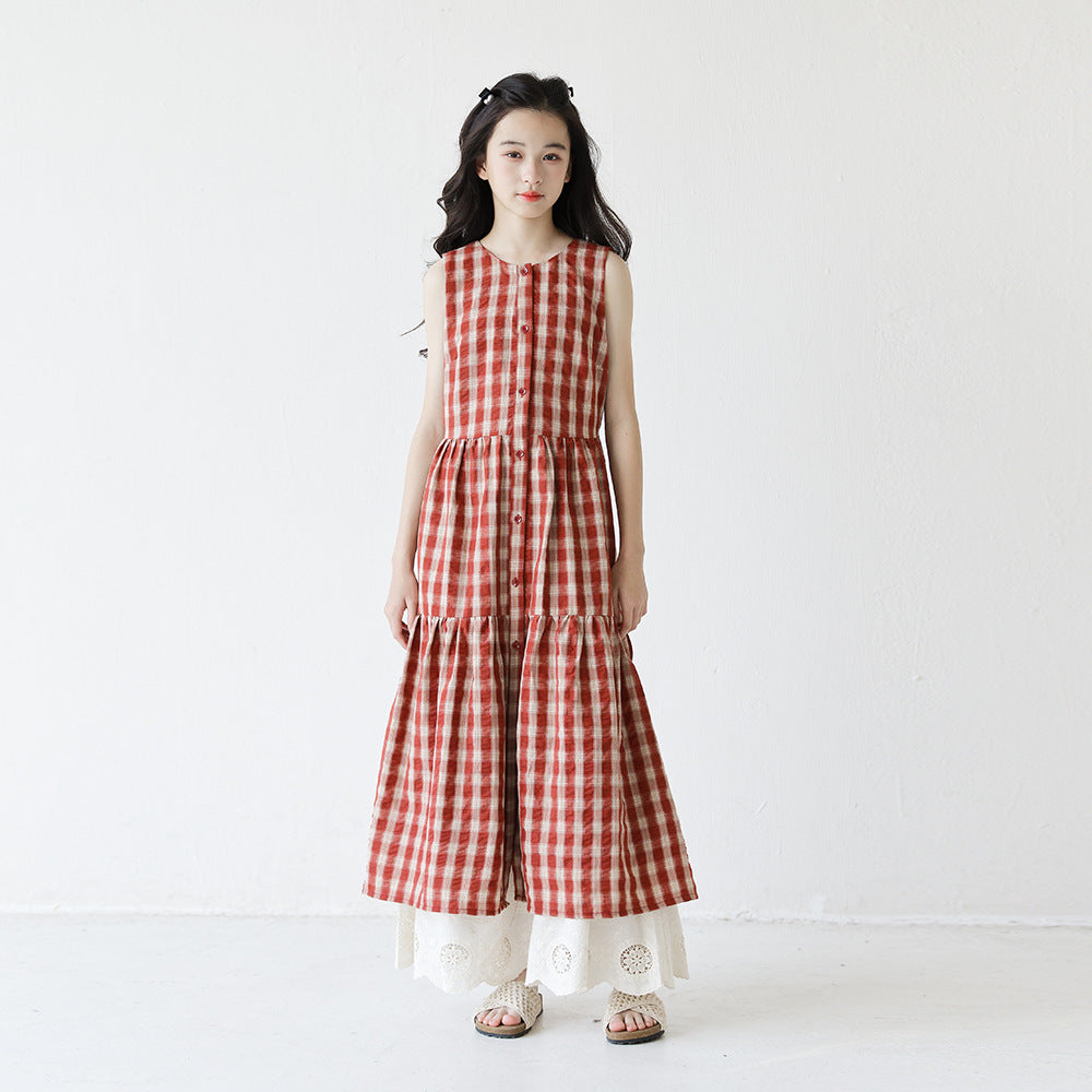 Long Sleeveless Bandage Medium Big Korean Style Retro Dark Red Children's Dress