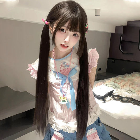 Female Sweet Little Rose Natural Black Gentle With Sideburns Long Straight Wig