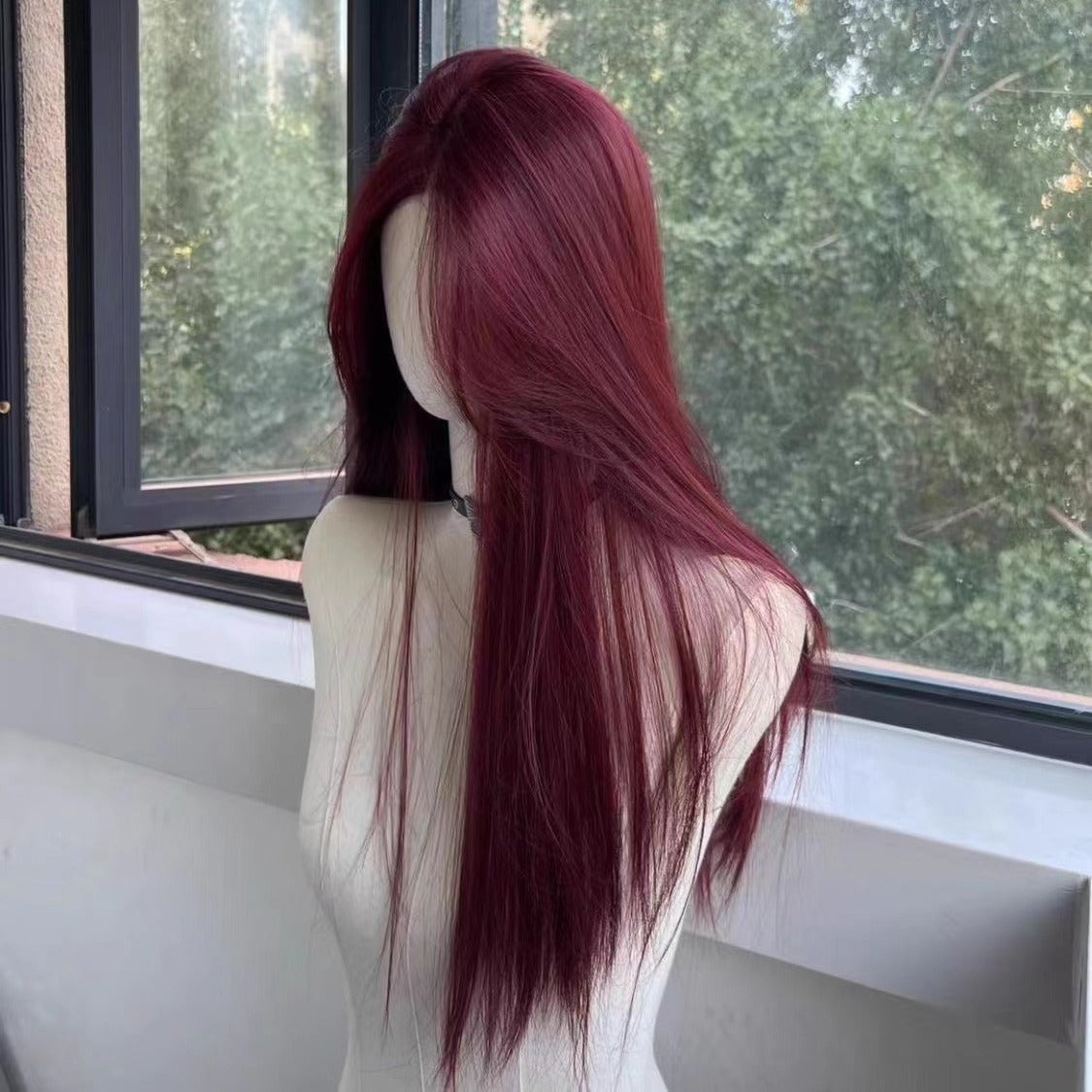 Forehead Lace Raspberry Red Mid-length French Female Long Straight Wig