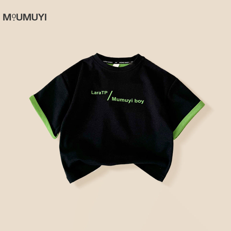 Children's Summer Boy's Short-sleeved Korean Style Western Letter Color Matching Loose Children's T-shirt