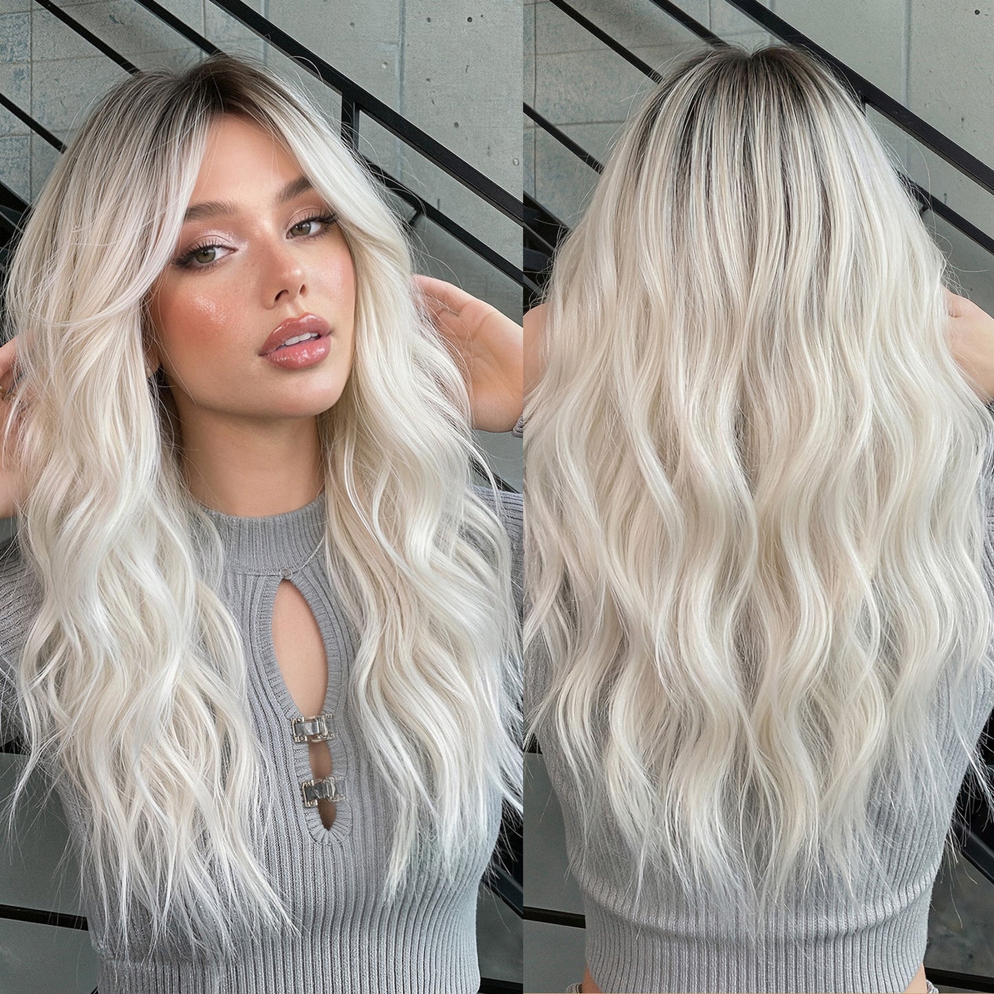 Gradient Platinum Curly Bangs Fluffy Natural Fiber Wig Long Curls