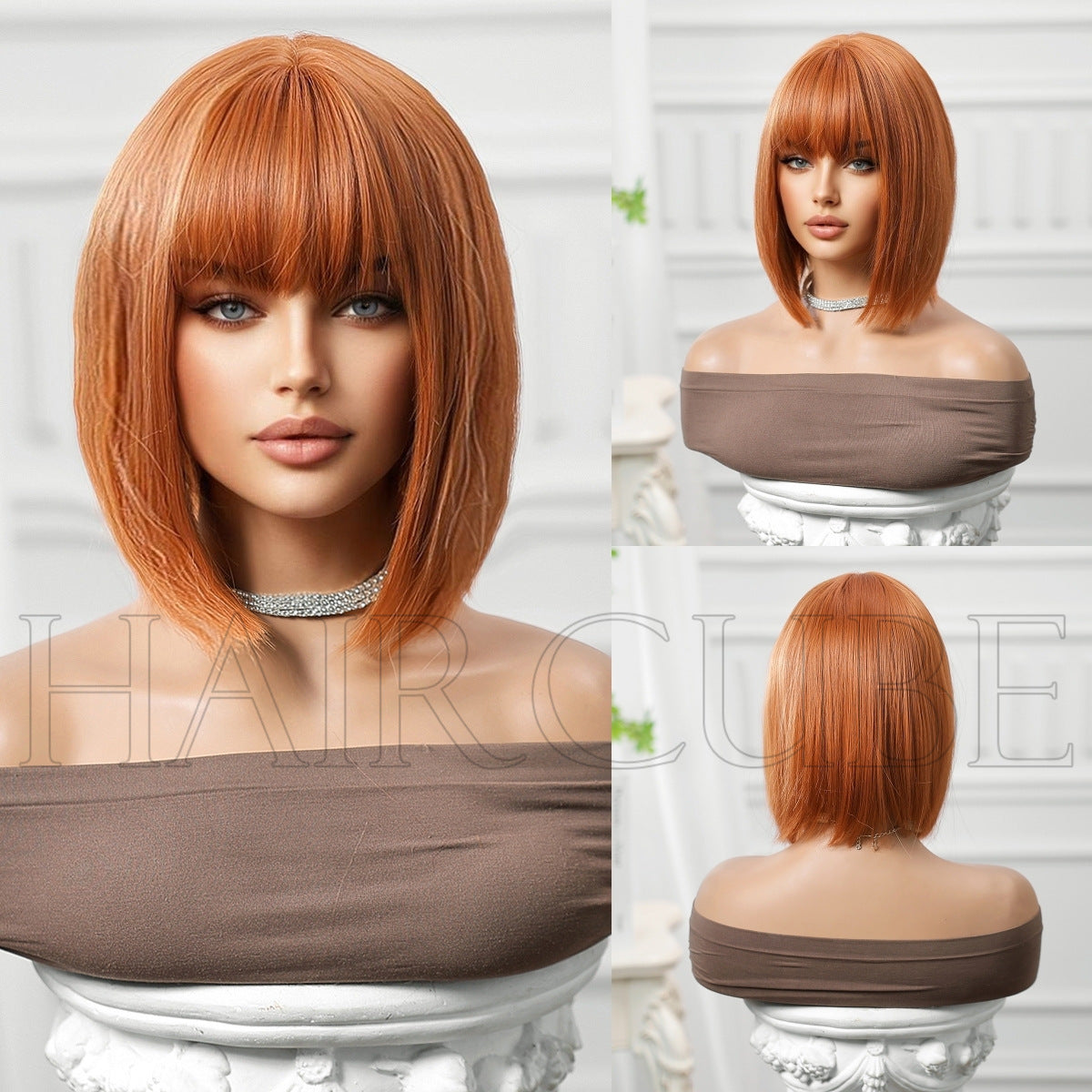 Stylish Graceful Bangs Brown Wine Red Wig Short Straight Hair