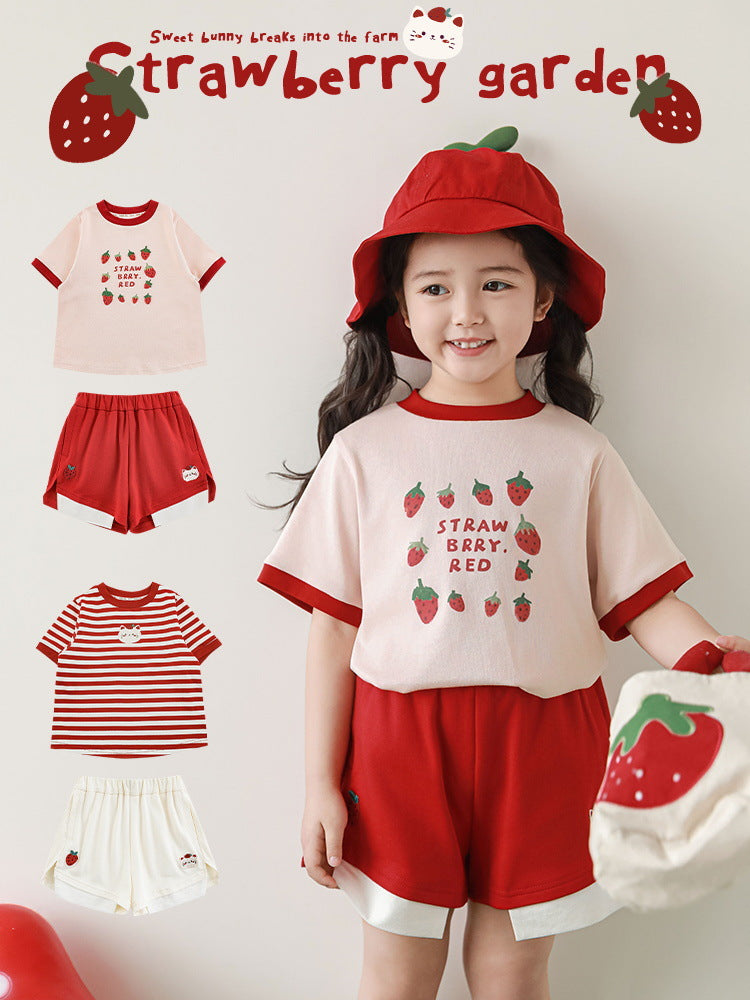 Strawberry Series Summer Cool Loose Short-sleeved Embroidery Shorts Children's T-shirt