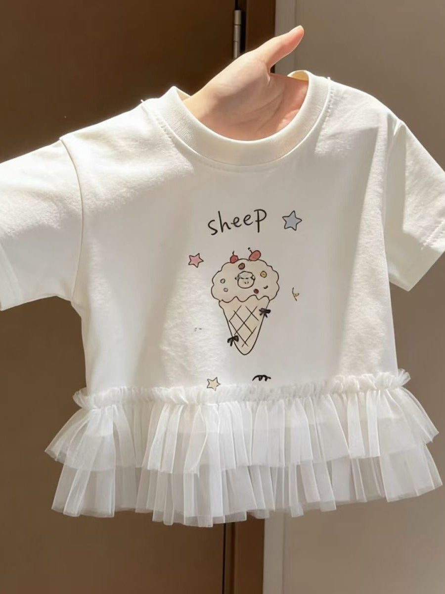 Children's Summer Cute Ice Cream Pattern Lace Edge Children's T-shirt