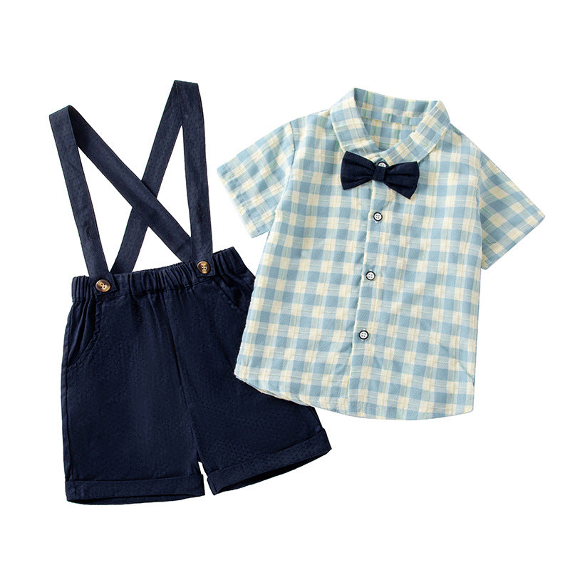 Children's Plaid Shirt Short-sleeved Suspender Pants Korean Style Boy's Clothing Children's Suit
