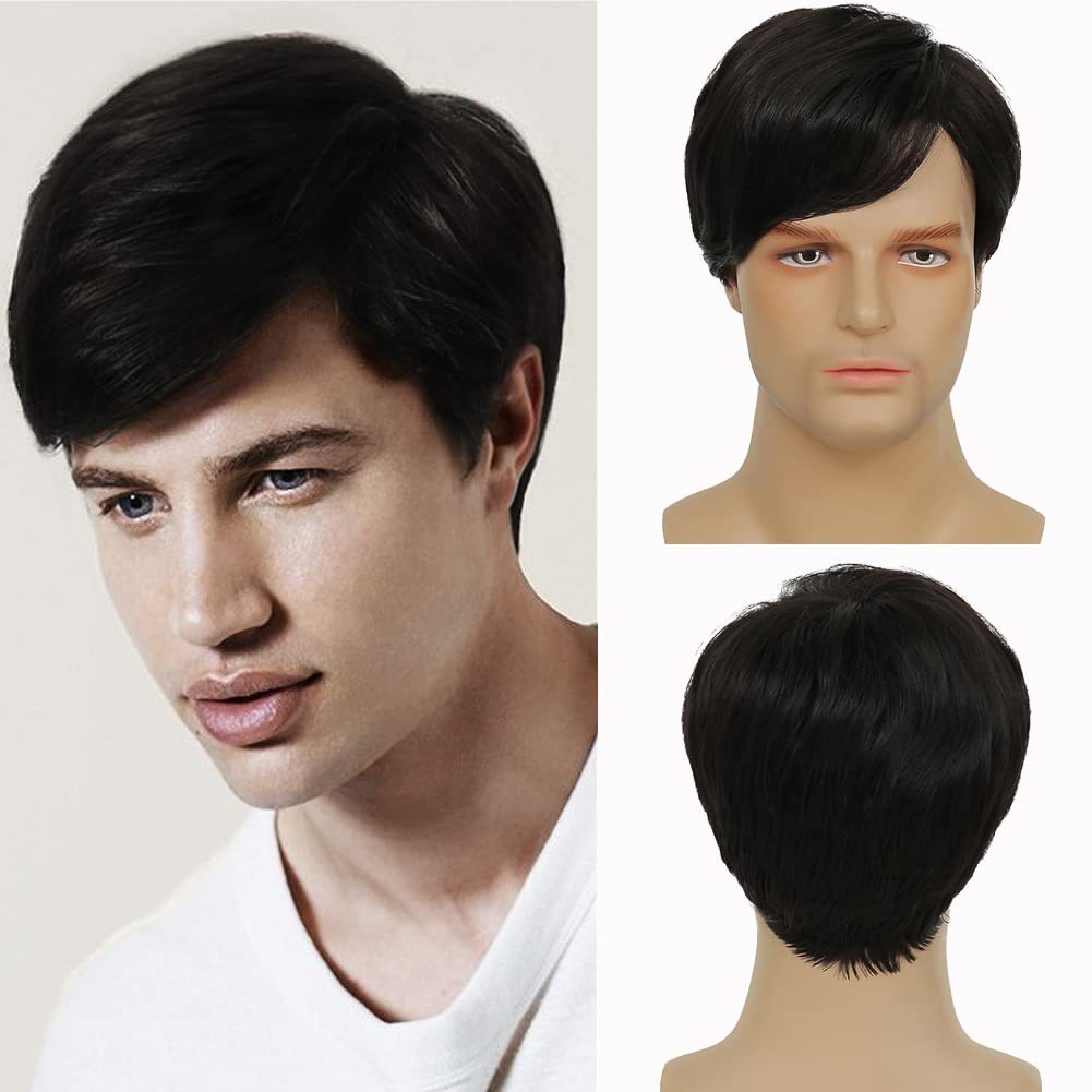 Men's Brown Partial Short Straight Hair Synthetic Men's Wig