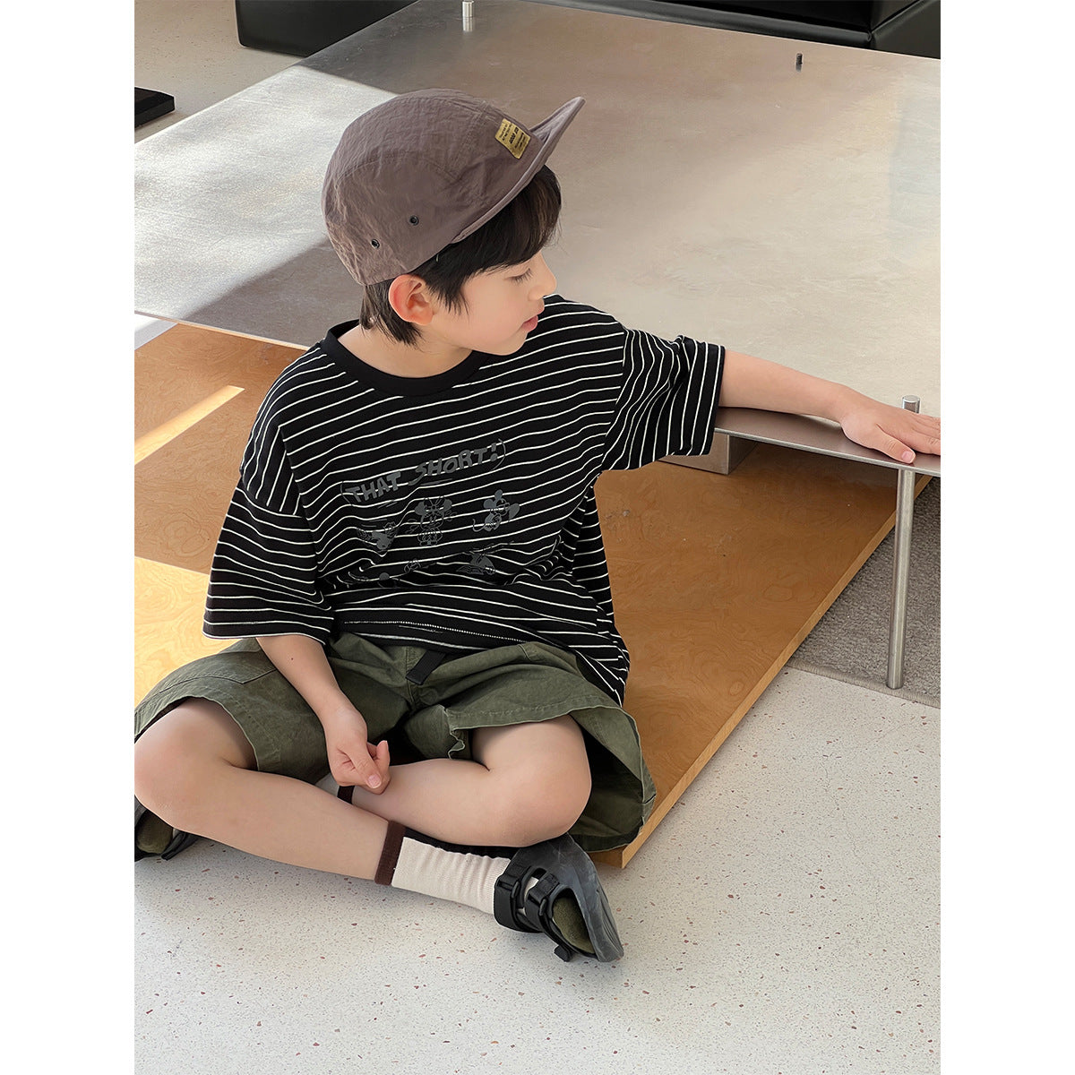 Children's Style Striped Cartoon Printed Round Neck Pullover Casual Children's T-shirt