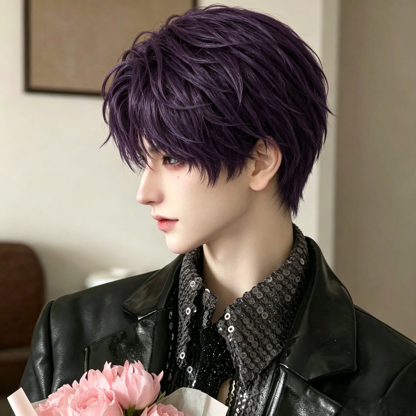 Men's Doll Points Purple Short Hair Bangs Cos Wig
