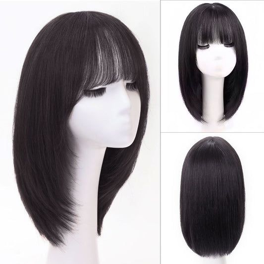 Women's Headgear Hair Full Real Medium Human Collarbone Length Long Straight Wig