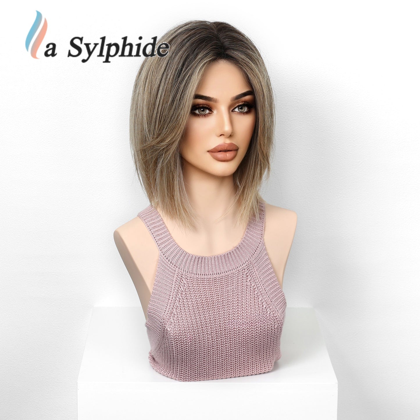 Female Brown Gradient Mid-point Fashion Overseas Wig Short Straight Hair