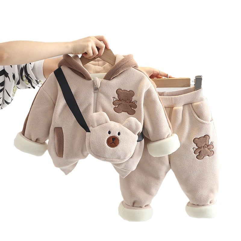 Children's Thickened Set Winter Boys Cartoon Hooded Shirt Two-piece Quilted To Children's Suit