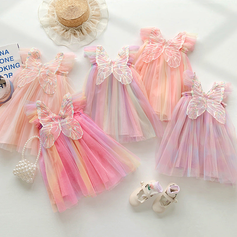 Rainbow Wings Mesh Summer Flounced Sleeve Princess Children's Dress