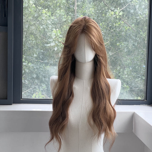 Women's Full Head Artificial Hair Front Lace Linen Golden Brown Water Wig Long Curls