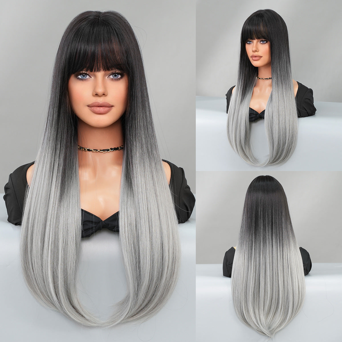 Women's Caramel Mocha Bangs Inner Buckle Layered Long Straight Wig