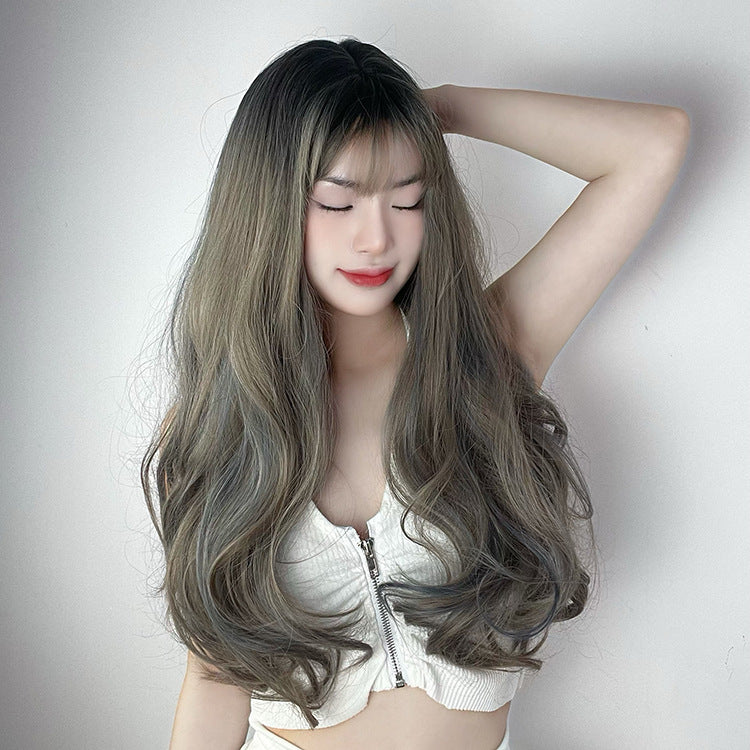 Wave Highlight Gradient Color Air Bangs Fashion Temperament Head Cover Long Straight Wig