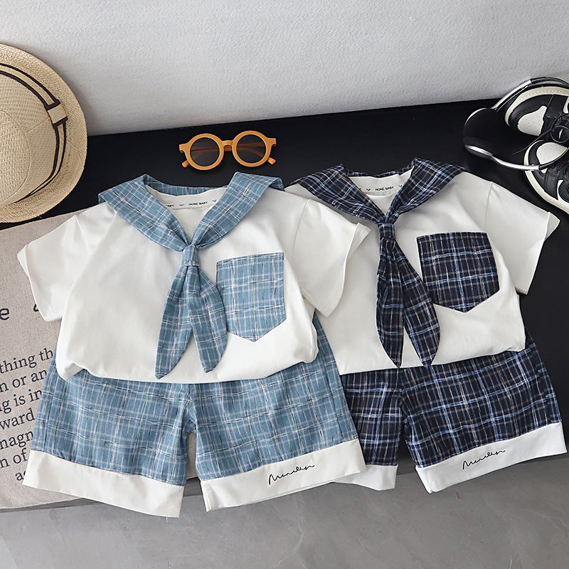Children's Preppy Style Boys Plaid Short-sleeved Shorts Children's Suit