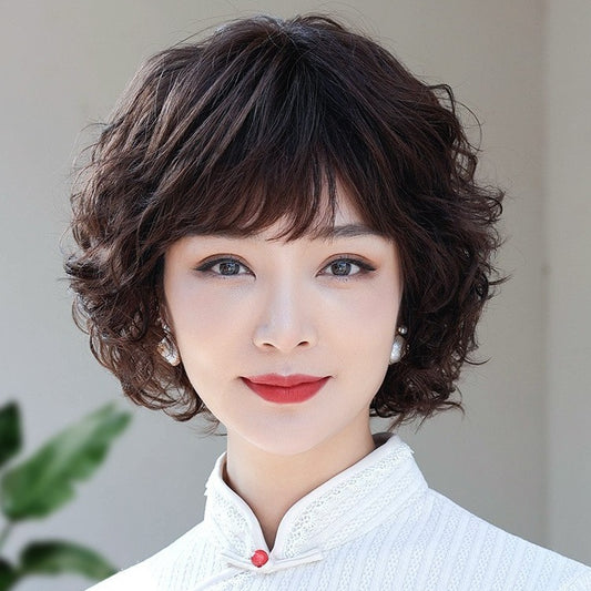 Women's Sheath Short Curly Hair Head Cover Real Human Mother Wig Long Curls