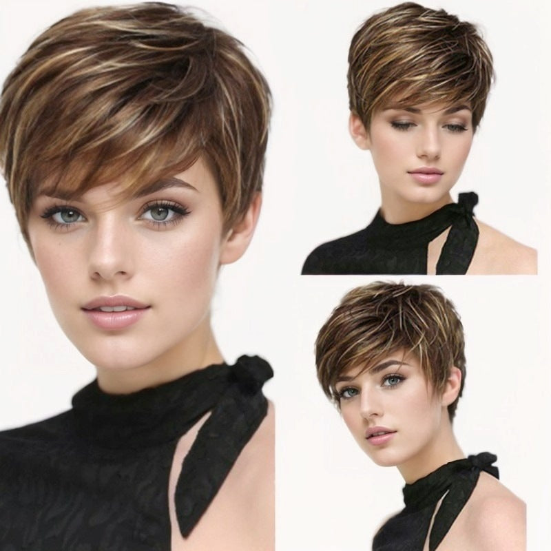 Women's Side Bangs Brown Golden Color One Piece Fiber Wig Short Curly Hair