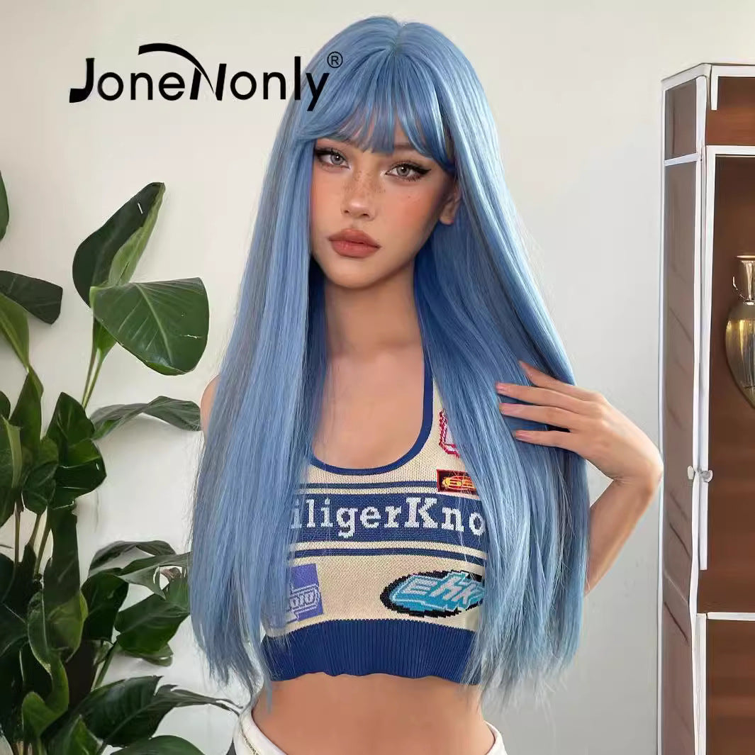 Women's Hair Korean Style Bangs Blue Natural Wig Long Curls