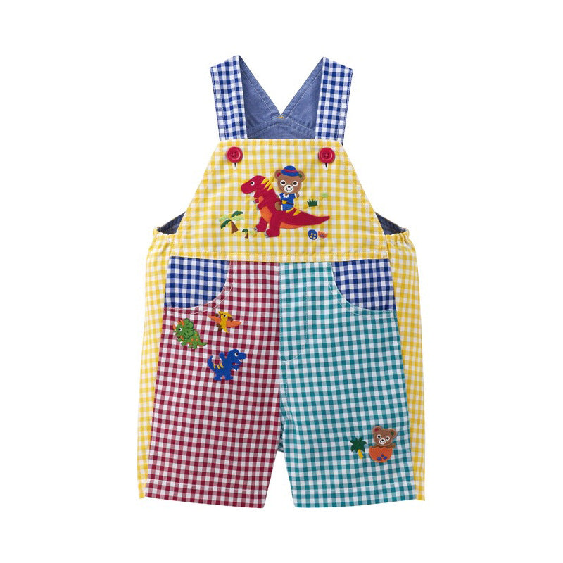 Children's Summer Cartoon Train Dinosaur Bear Embroidery Plaid Striped Children's Pants