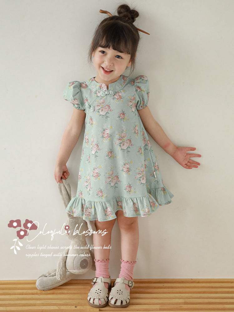 Cheongsam Summer Floral Puff Sleeve Chinese Style Rose Children's Dress