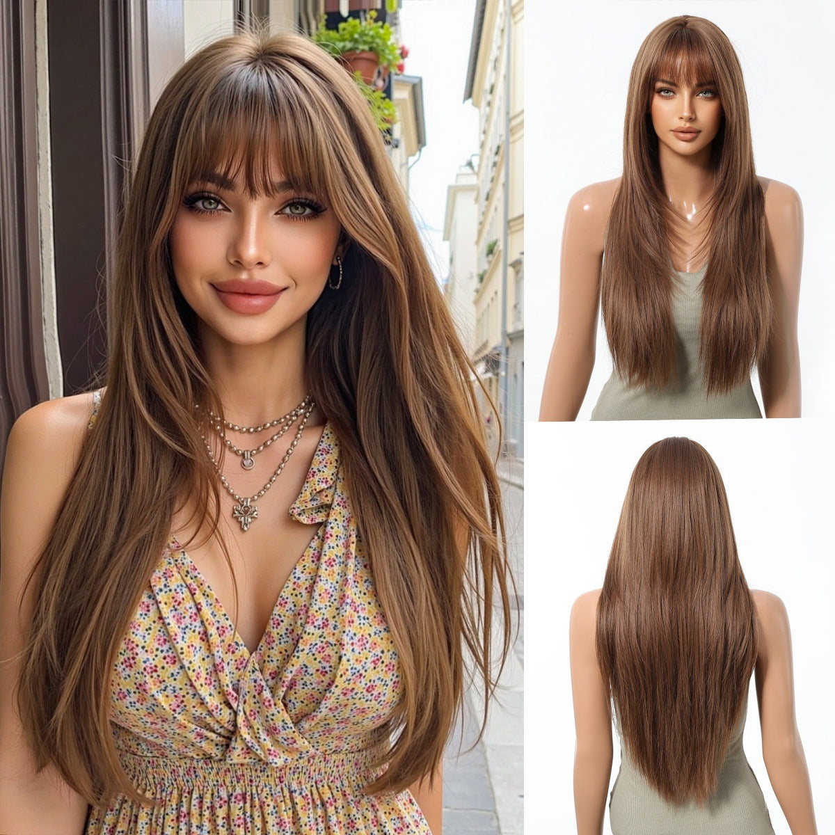Female Warm Brown High Level Air Bangs Hair Long Straight Wig