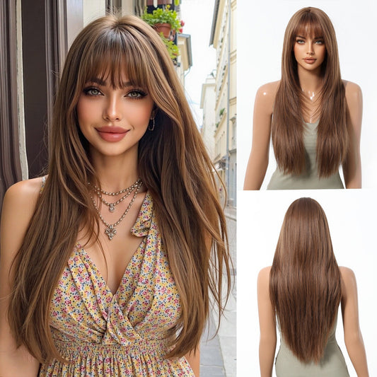 Female Warm Brown High Level Air Bangs Hair Long Straight Wig