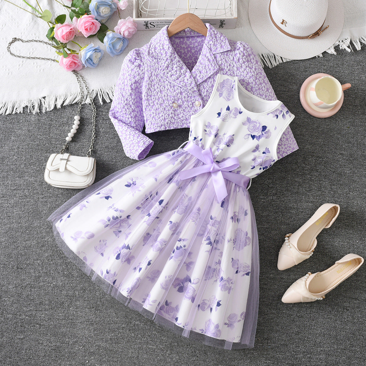 Floral Coat Rose Printed Mesh Princess Children's Suit
