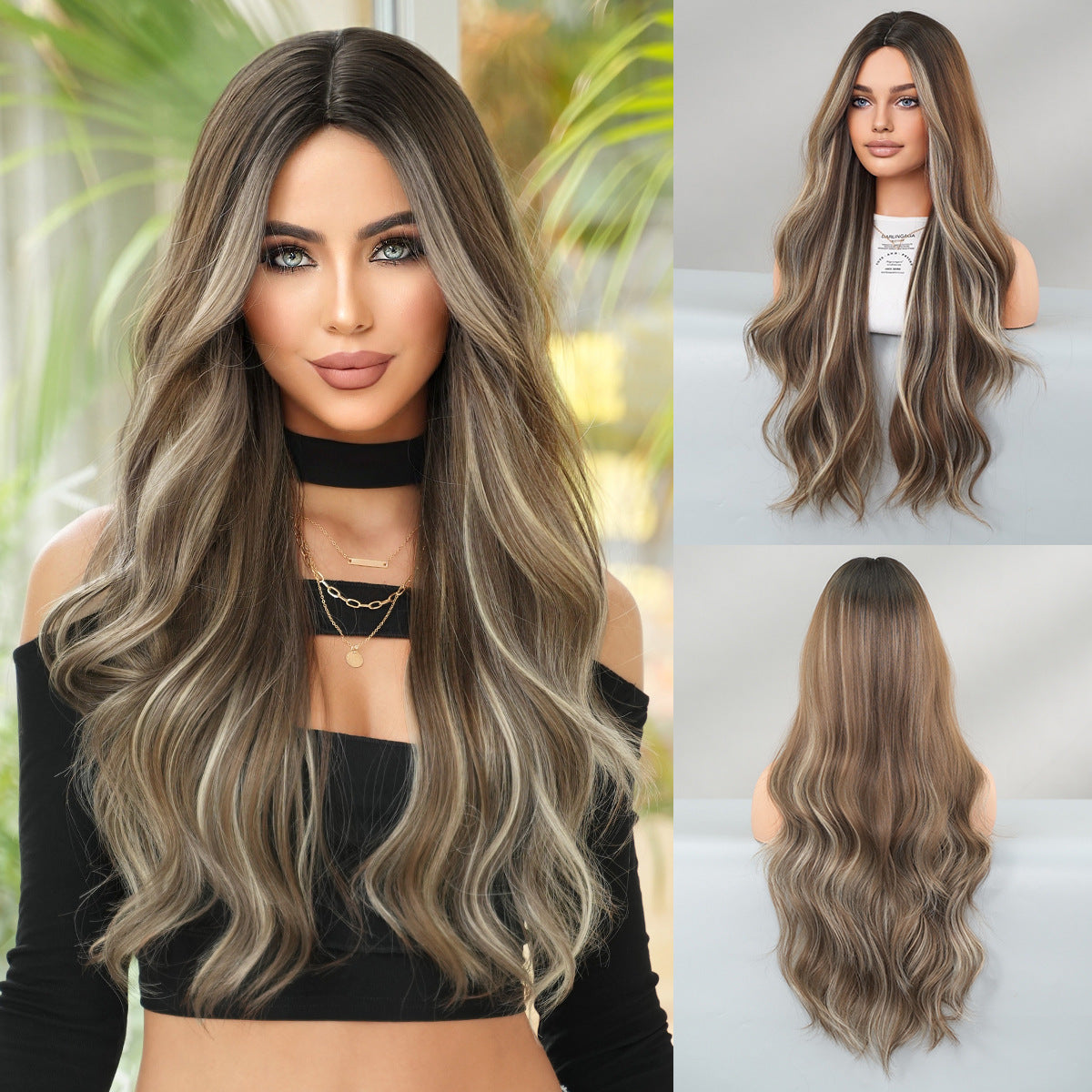 Women's Fashion Mid-length Colorful Curly Hair Sheath Big Wave Chemical Wig Long Curls