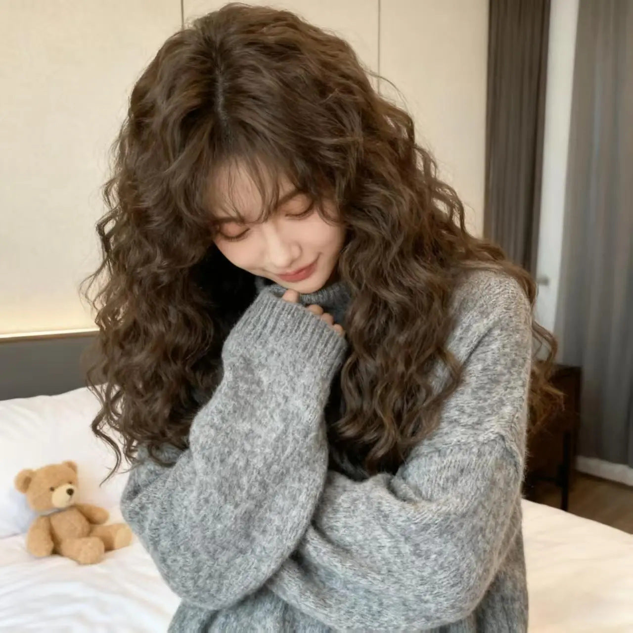 Bangs Cold Brown Temperament Light Whole Wig Long Curls