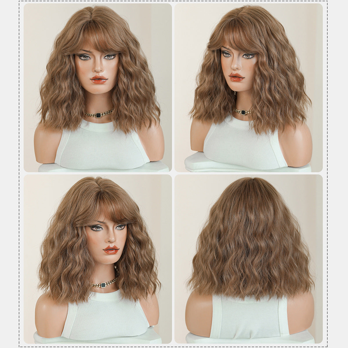 Short Curly Brown Female Fluffy Wavy Partial Bangs Wig Long Curls